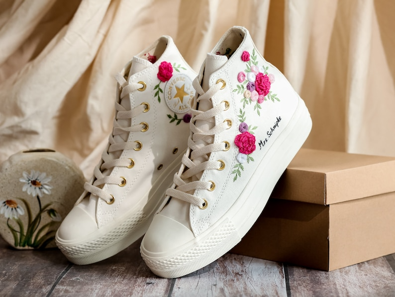 Platform Converse for Wedding, Burgundy Flower Embroidered Shoes, Fall Wedding Bouquet Emnbroidered Sneakers for Bride, Bridal Sneakers