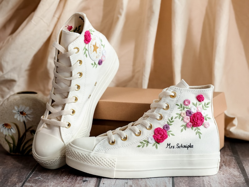 Platform Converse for Wedding, Burgundy Flower Embroidered Shoes, Fall Wedding Bouquet Emnbroidered Sneakers for Bride, Bridal Sneakers