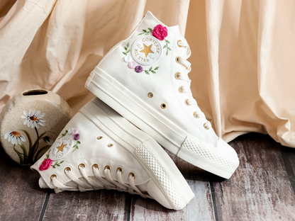 Platform Converse for Wedding, Burgundy Flower Embroidered Shoes, Fall Wedding Bouquet Emnbroidered Sneakers for Bride, Bridal Sneakers