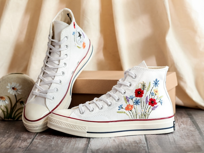 Embroidered Converse High Tops, Shoes Custom Floral Embroidery, Converse Custom Name, Flower Embroidered Sneakers, Gift For Best Friend