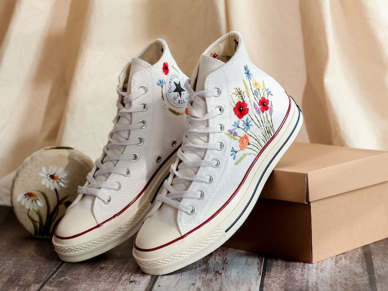 Embroidered Converse High Tops, Shoes Custom Floral Embroidery, Converse Custom Name, Flower Embroidered Sneakers, Gift For Best Friend