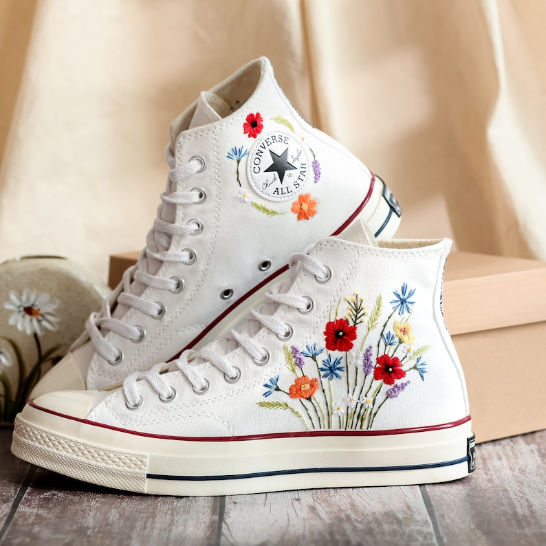 Embroidered Converse High Tops, Shoes Custom Floral Embroidery, Converse Custom Name, Flower Embroidered Sneakers, Gift For Best Friend