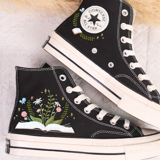 Embroidery Floral Converse, Flowers and Book Embroidered Sneakers, Bookish Inspired Converse High Top Shoes Converse Chuck Taylor