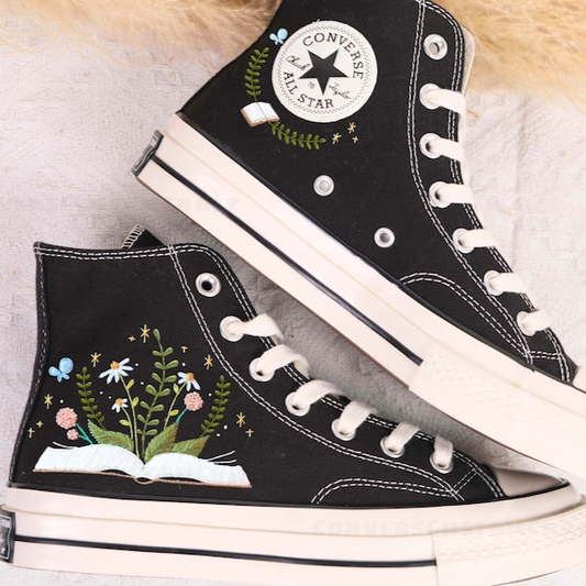 Embroidery Floral Converse, Flowers and Book Embroidered Sneakers, Bookish Inspired Converse High Top Shoes, Gift for her