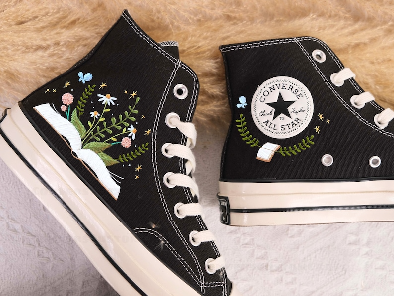 Embroidery Floral Converse, Flowers and Book Embroidered Sneakers, Bookish Inspired Converse High Top Shoes Converse Chuck Taylor