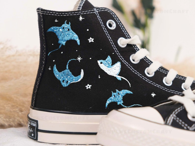 Custom Embroidered Converse High Tops, Custom Converse Chuck Taylor 1970s Manta Ray Embroidered, Ocean Embroidered Shoes Custom