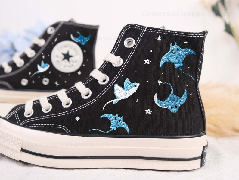 Custom Embroidered Converse High Tops, Custom Converse Chuck Taylor 1970s Manta Ray Embroidered, Ocean Embroidered Shoes Custom