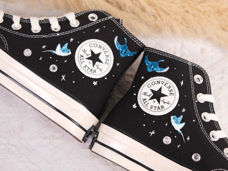 Custom Embroidered Converse High Tops, Custom Converse Chuck Taylor 1970s Manta Ray Embroidered, Ocean Embroidered Shoes Custom