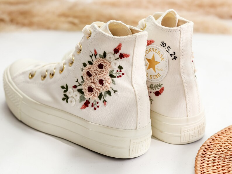 Platform Wedding Converse for Bride, Pale Pink Peony Embroidered Shoes, Bridal Flower Embroidery Sneakers for Wedding, Rustic Wedding Gifts