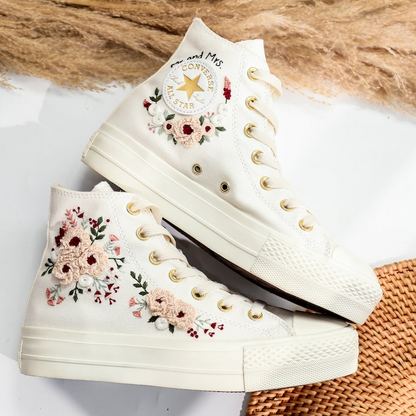 Platform Wedding Converse for Bride, Pale Pink Peony Embroidered Shoes, Bridal Flower Embroidery Sneakers for Wedding, Rustic Wedding Gifts