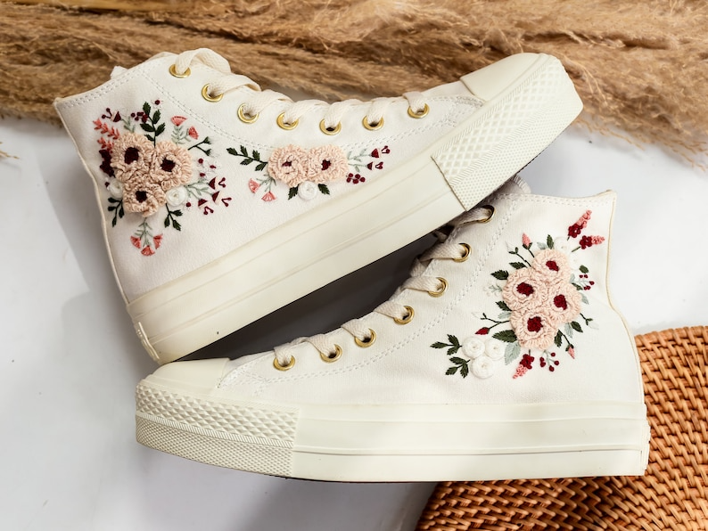 Platform Wedding Converse for Bride, Pale Pink Peony Embroidered Shoes, Bridal Flower Embroidery Sneakers for Wedding, Rustic Wedding Gifts