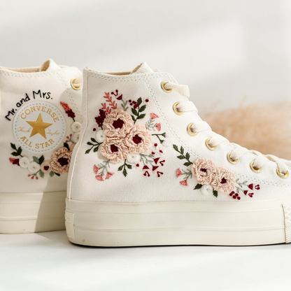 Platform Wedding Converse for Bride, Pale Pink Peony Embroidered Shoes, Bridal Flower Embroidery Sneakers for Wedding, Rustic Wedding Gifts