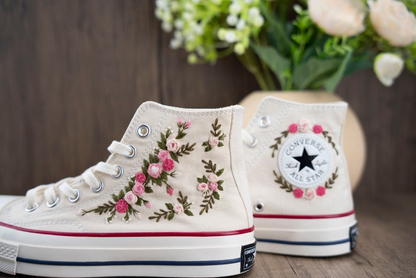 Pink Rose Floral Garden Hand Embroidery Converse, Custimizable Converse Chuck Taylor 1970s