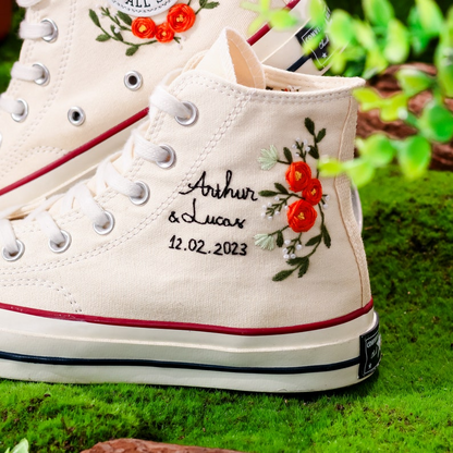 Weedding Converse For Bride, Name and Anniversary Date Embroidered Shoes Custom, Bridal Flower Embroidered Sneakers, Wedding Gift