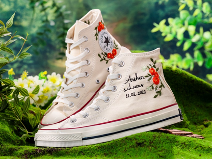 Weedding Converse For Bride, Name and Anniversary Date Embroidered Shoes Custom, Bridal Flower Embroidered Sneakers, Wedding Gift