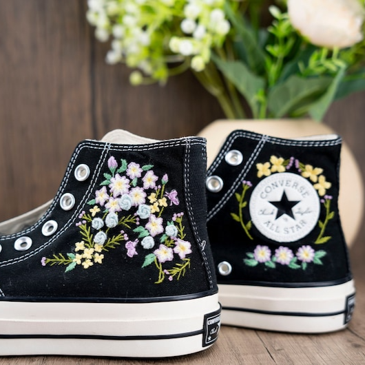 Flowers Hand Embroidery Shoes, Black Converse Shoes, Handmade And Customizable, Converse Chuck Taylor 1970s