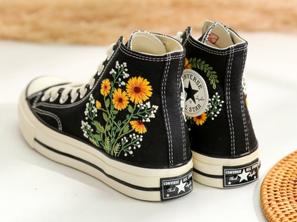 Embroidered Converse Sunflower and Queen Anne's lace, Converse High Tops Chuck Taylor Embroidered Sunflower, Sunflower Embroidered Converse