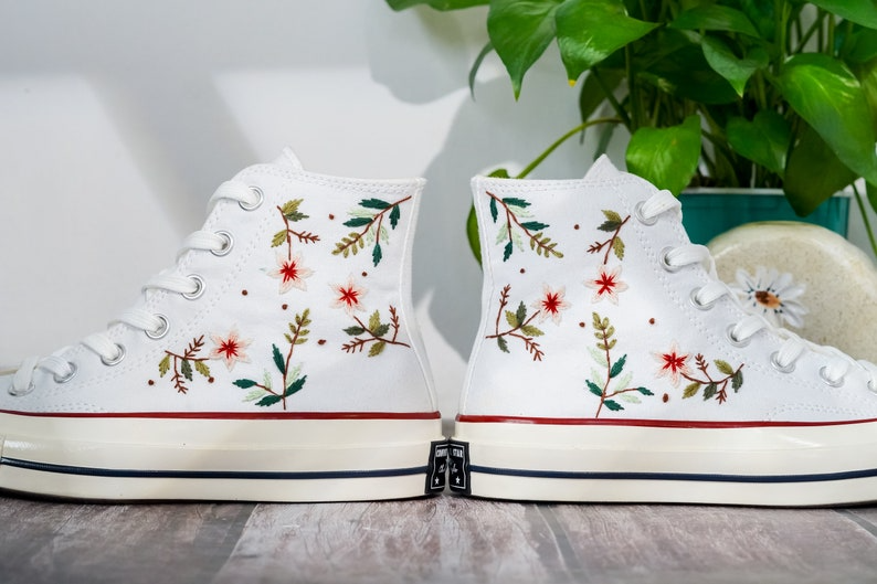 Embroidered Converse, Flower Embroidered Converse High Tops, Simple Leaves and Floral Embroidery Shoes, Unique Embroidered Sneakers