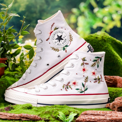 Embroidered Converse, Flower Embroidered Converse High Tops, Simple Leaves and Floral Embroidery Shoes, Unique Embroidered Sneakers