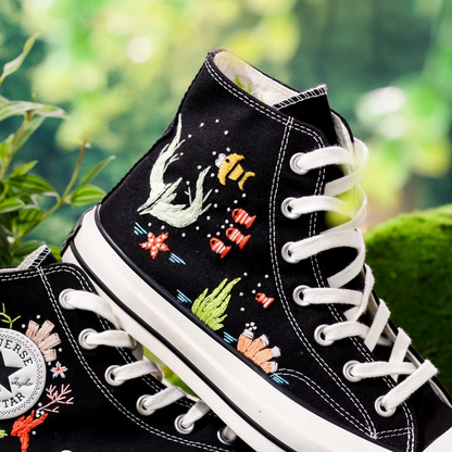 Custom Embroidered Converse High Tops, Shoes Embroidered With A Variety Of Colorful Sea Creatures, Jellyfish Embroidery, Gifts For Daughter