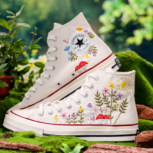 Embroidered Converse, Custom Converse Embroidered Flower and Mushroom Garden, Mushroom and Floral Embroidery Shoes for Women, Gift For Her