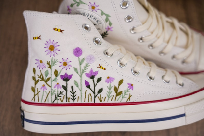 Purple Floral And Bee Converse Chuck Taylor Embroidered, Hand Embroidered Converse Custom Wedding Flowers