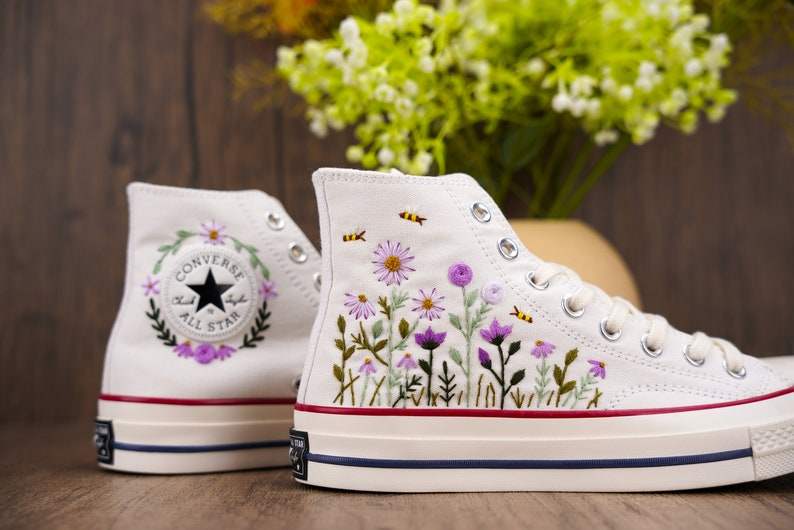 Purple Floral And Bee Converse Chuck Taylor Embroidered, Hand Embroidered Converse Custom Wedding Flowers