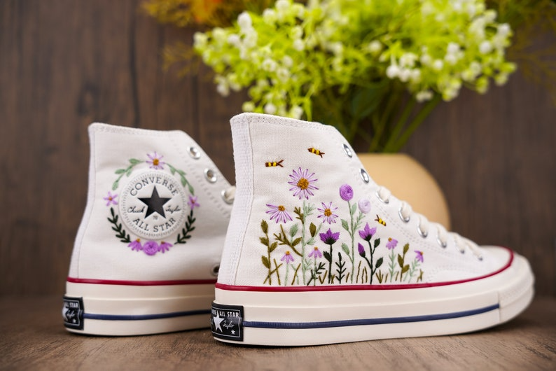 Purple Floral And Bee Converse Chuck Taylor Embroidered, Hand Embroidered Converse Custom Wedding Flowers