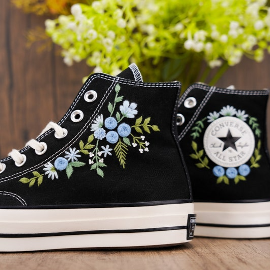 Custom Converse Chuck Taylor Embroidered, Blue Rose Flower Hand Embroidered Converse, Custom Wedding Shoes