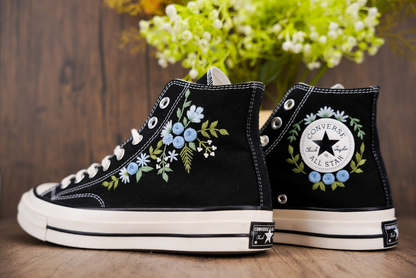 Custom Converse Chuck Taylor Embroidered, Blue Rose Flower Hand Embroidered Converse, Custom Wedding Shoes