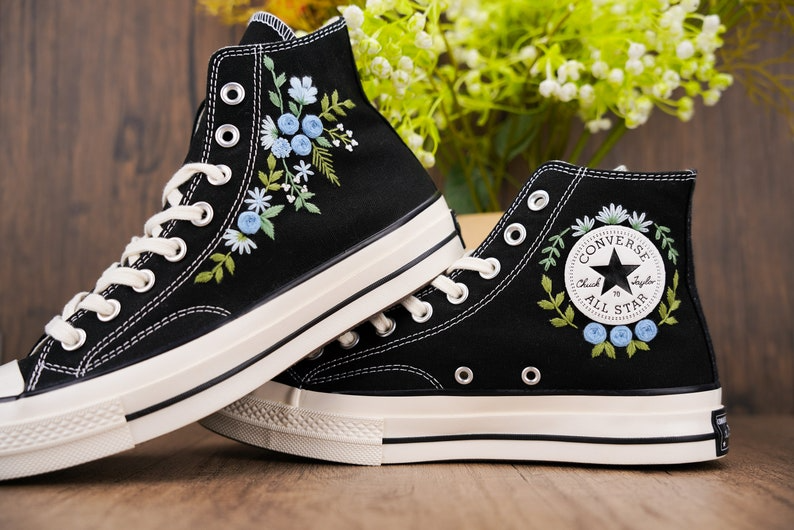 Custom Converse Chuck Taylor Embroidered, Blue Rose Flower Hand Embroidered Converse, Custom Wedding Shoes