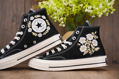 Custom Black Converse Chuck Taylor Embroidered, White Flower Hand Embroidered Converse, Custom Wedding Shoes