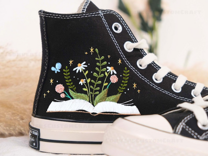 Embroidery Floral Converse, Flowers and Book Embroidered Sneakers, Bookish Inspired Converse High Top Shoes Converse Chuck Taylor