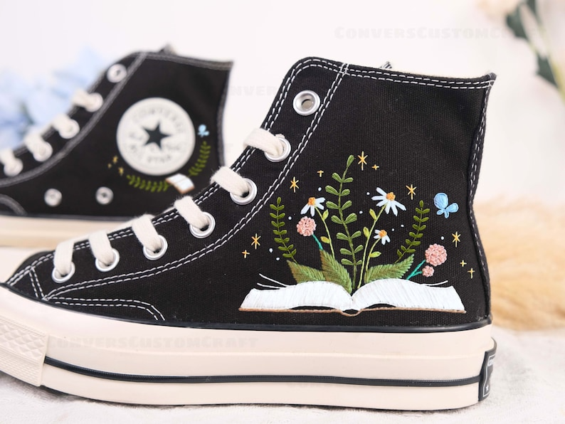 Embroidery Floral Converse, Flowers and Book Embroidered Sneakers, Bookish Inspired Converse High Top Shoes Converse Chuck Taylor