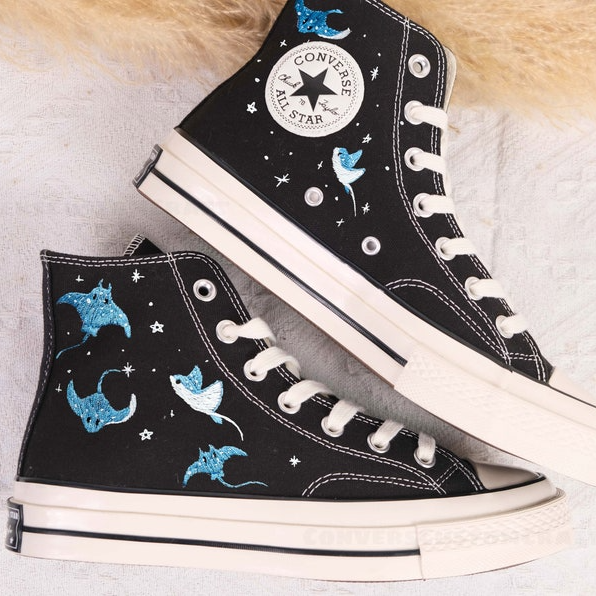 Custom Embroidered Converse High Tops, Custom Converse Chuck Taylor 1970s Manta Ray Embroidered, Ocean Embroidered Shoes Custom