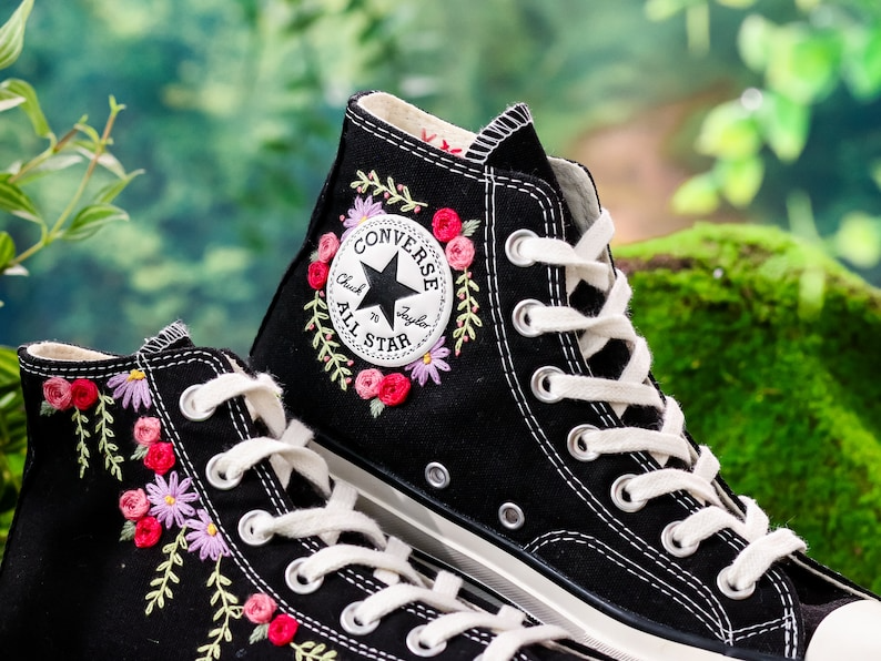 Embroidered Converse, Bridal Flower Embroidered Shoes, Wedding Flower Embroidered Sneakers, Personalized Bridal Sneaker, Custom Wedding