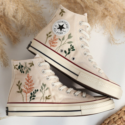 Embroidered Converse High Tops Chuck Taylor 1970s, Custom Converse Embroidered Simple, Tree Leaves Embroidered Sneakers, Valentine Gifts