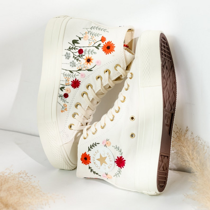 Wedding Sneakers Platform for Bride, Bridal Flower Embroidered Converse Platform, Name and Date Embroidered Shoes, Personalized Bridal Shoes