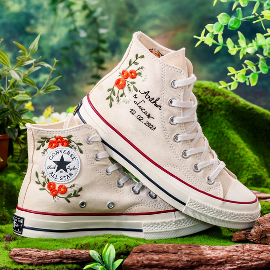 Weedding Converse For Bride, Name and Anniversary Date Embroidered Shoes Custom, Bridal Flower Embroidered Sneakers, Wedding Gift