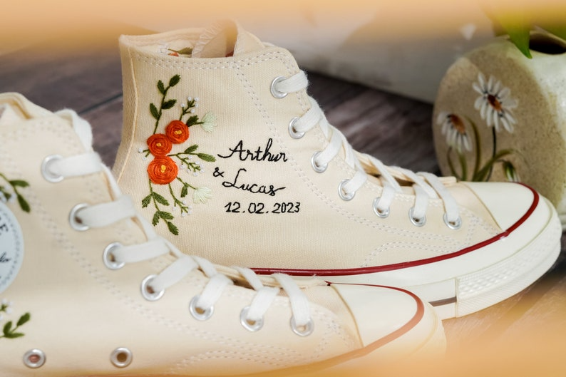 Weedding Converse For Bride, Name and Anniversary Date Embroidered Shoes Custom, Bridal Flower Embroidered Sneakers, Wedding Gift