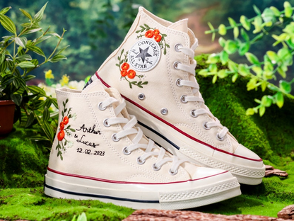 Weedding Converse For Bride, Name and Anniversary Date Embroidered Shoes Custom, Bridal Flower Embroidered Sneakers, Wedding Gift