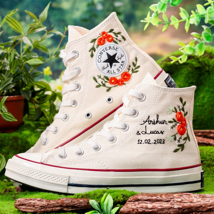 Weedding Converse For Bride, Name and Anniversary Date Embroidered Shoes Custom, Bridal Flower Embroidered Sneakers, Wedding Gift