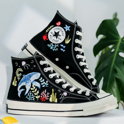 Custom Embroidered Converse, Ocean and Whales Embroidered Shoes, Coral, Whales Embroidered Converse, Jellyfish Embroidered Sneaker for Her