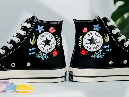 Custom Embroidered Converse, Ocean and Whales Embroidered Shoes, Coral, Whales Embroidered Converse, Jellyfish Embroidered Sneaker for Her