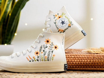 Custom Wedding Converse Embroidered Sunflower for Bride, Wedding Flower Embroidered Shoes, Bridal Flower Embroidered Sneaker Name Embroidery