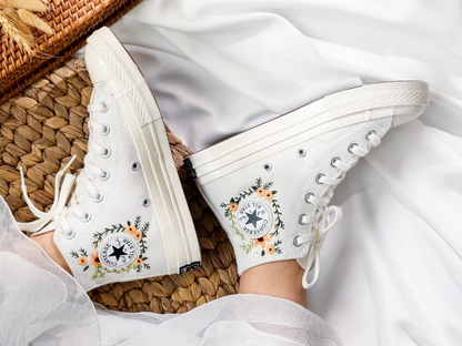 Custom Wedding Converse Embroidered Sunflower for Bride, Wedding Flower Embroidered Shoes, Bridal Flower Embroidered Sneaker Name Embroidery