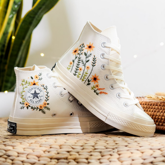 Custom Wedding Converse Embroidered Sunflower for Bride, Wedding Flower Embroidered Shoes, Bridal Flower Embroidered Sneaker Name Embroidery