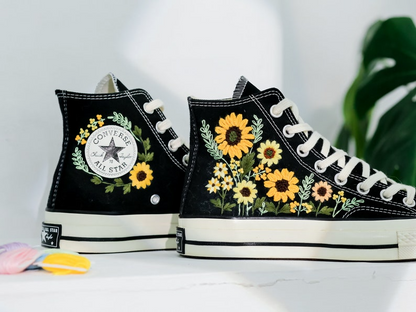 Embroidered Converse Custom, Sunflower Embroidered Shoes, Sunflower Embroidered Converse, Sunflower Embroidered Sneakers, Gifts for Couples