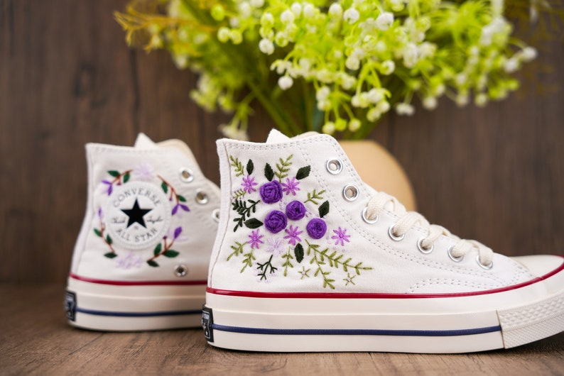 Purple Rose Converse Chuck Taylor Embroidered, Hand Embroidered Converse Custom Wedding Flowers