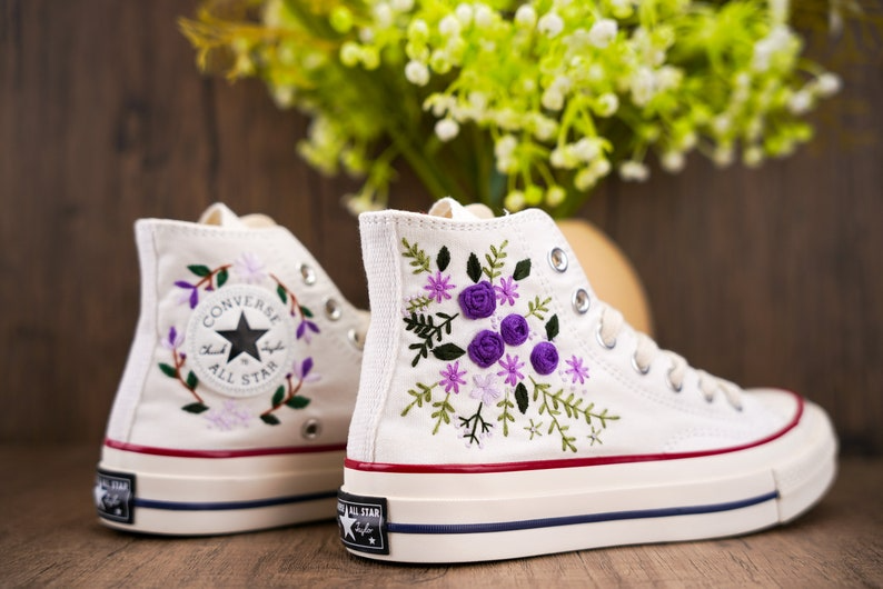 Purple Rose Converse Chuck Taylor Embroidered, Hand Embroidered Converse Custom Wedding Flowers